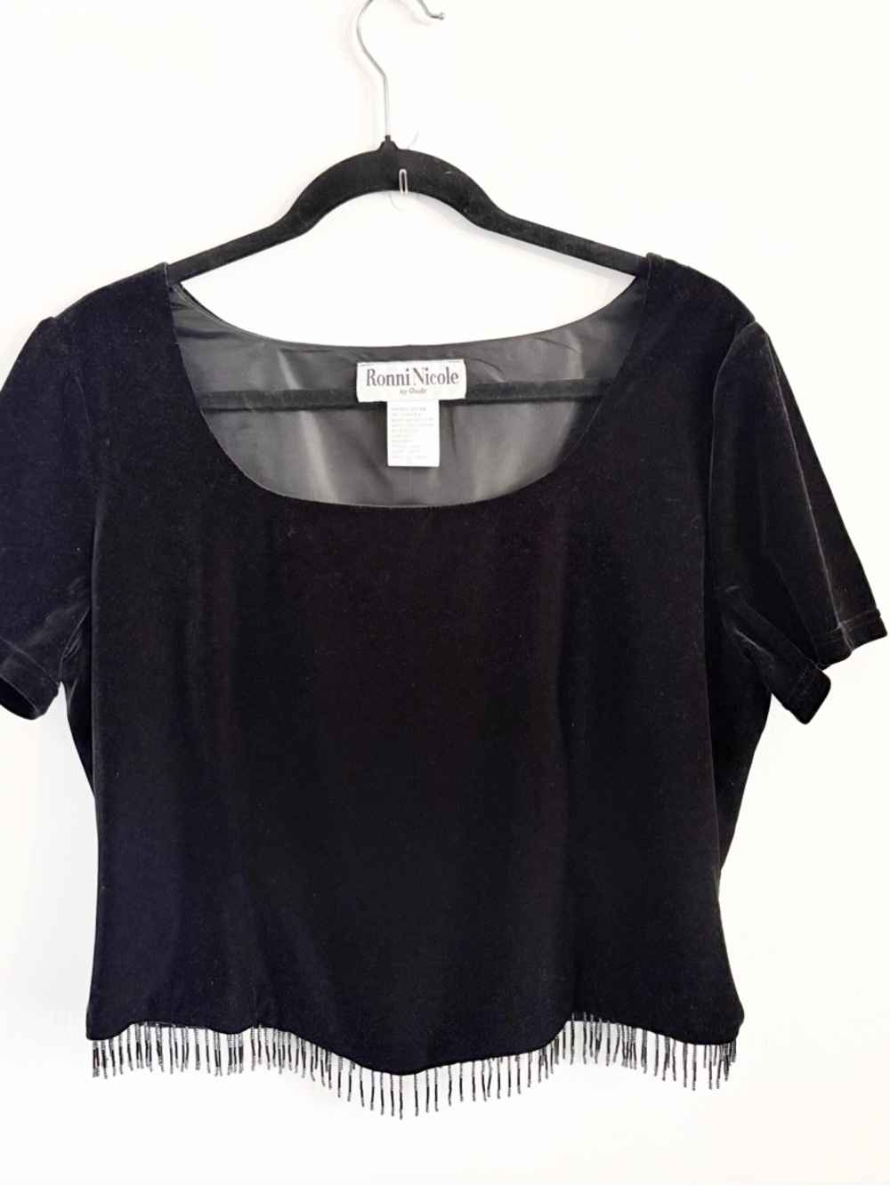 Vintage! Beaded! Ronni Nicole Black Velvet Fringe Crop Top